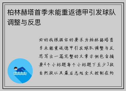 柏林赫塔首季未能重返德甲引发球队调整与反思